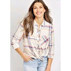 Maurices Sz L Relaxed Fit Berry Plaid  Button Down Long Sleeves Soft Lightweigt